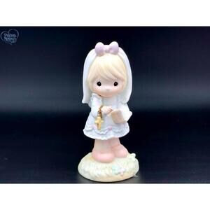 Adorable Precious Moments Girl Figurine with Cross Chain and Bible Book